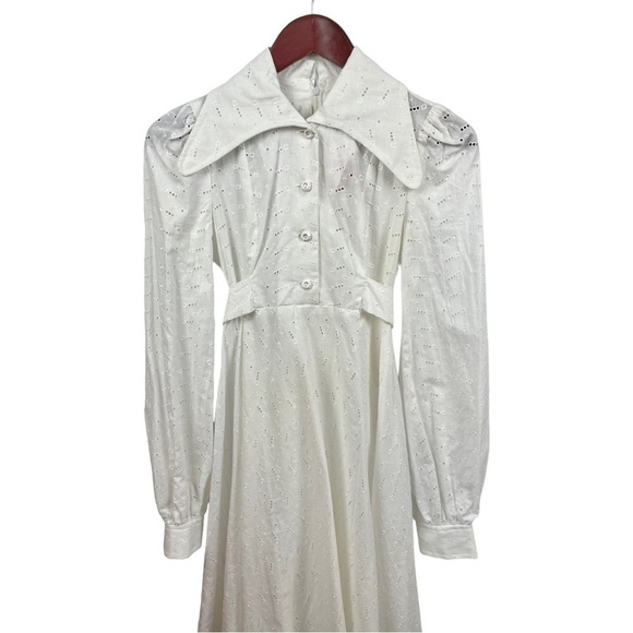 RARE! NEW Vintage 70s DEADSTOCK White Eyelet Cottagecore Maxi Dress Size XS/ 5.5 - Picture 4 of 12